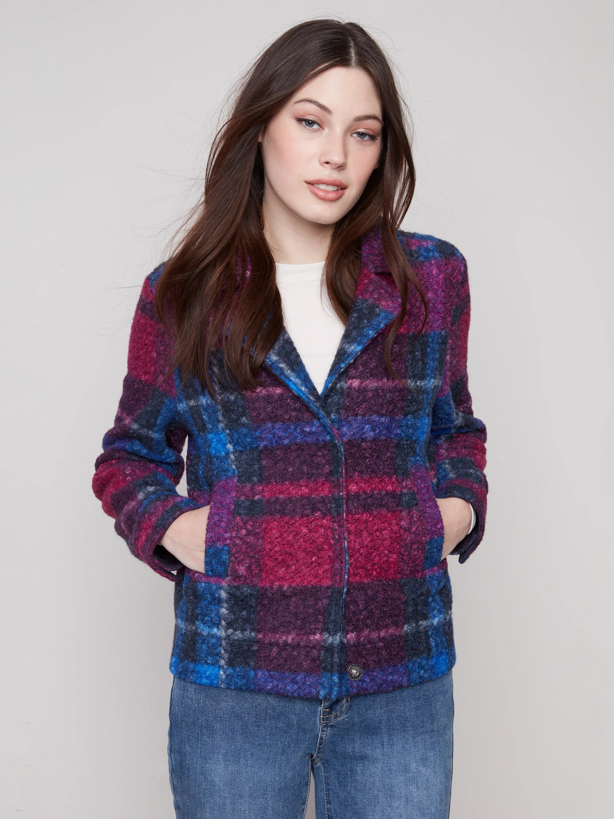 Plaid Bouclé Knit Short Coat - Navy
