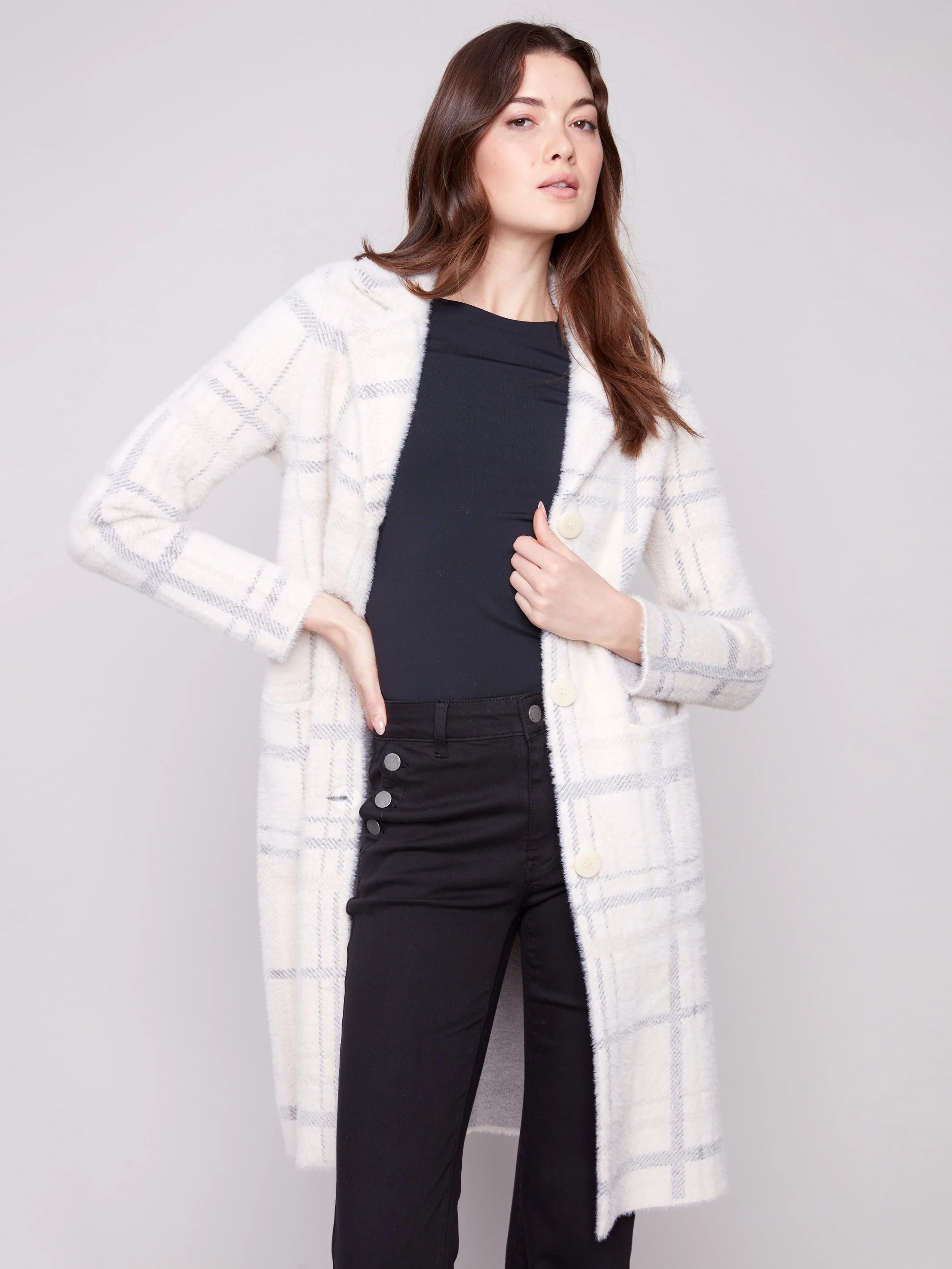 Long Plaid Knit Coatigan - Ivory