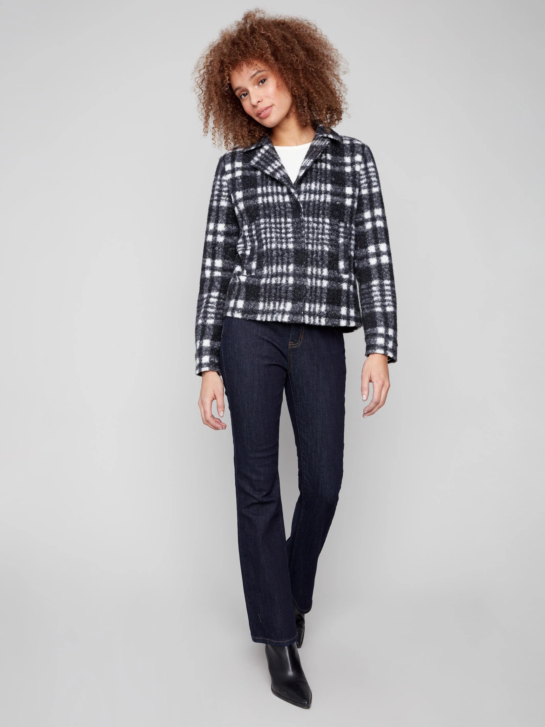 Plaid Bouclé Knit Short Coat - Pepper