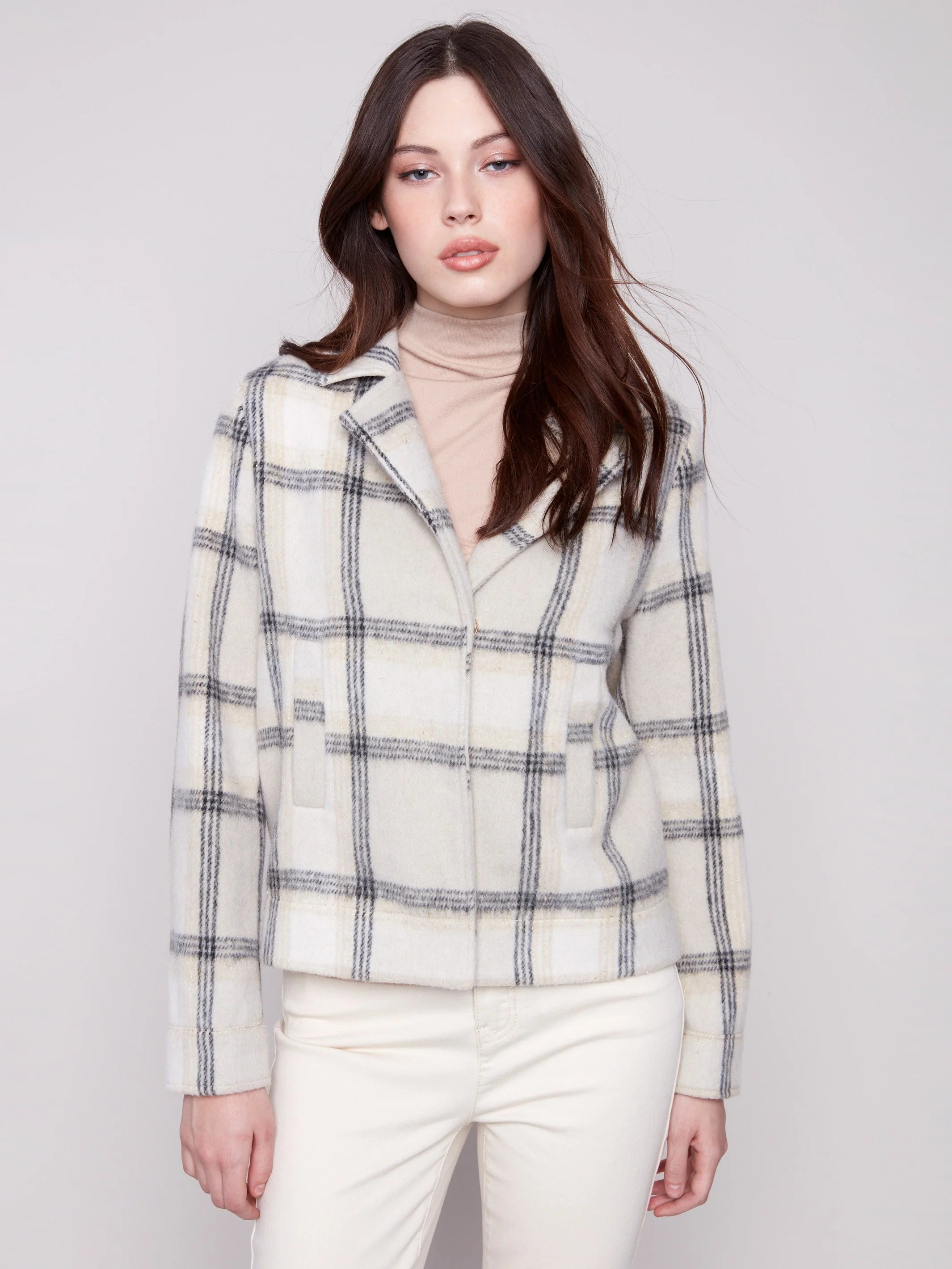 Plaid Lurex Knit Short Coat - Beige