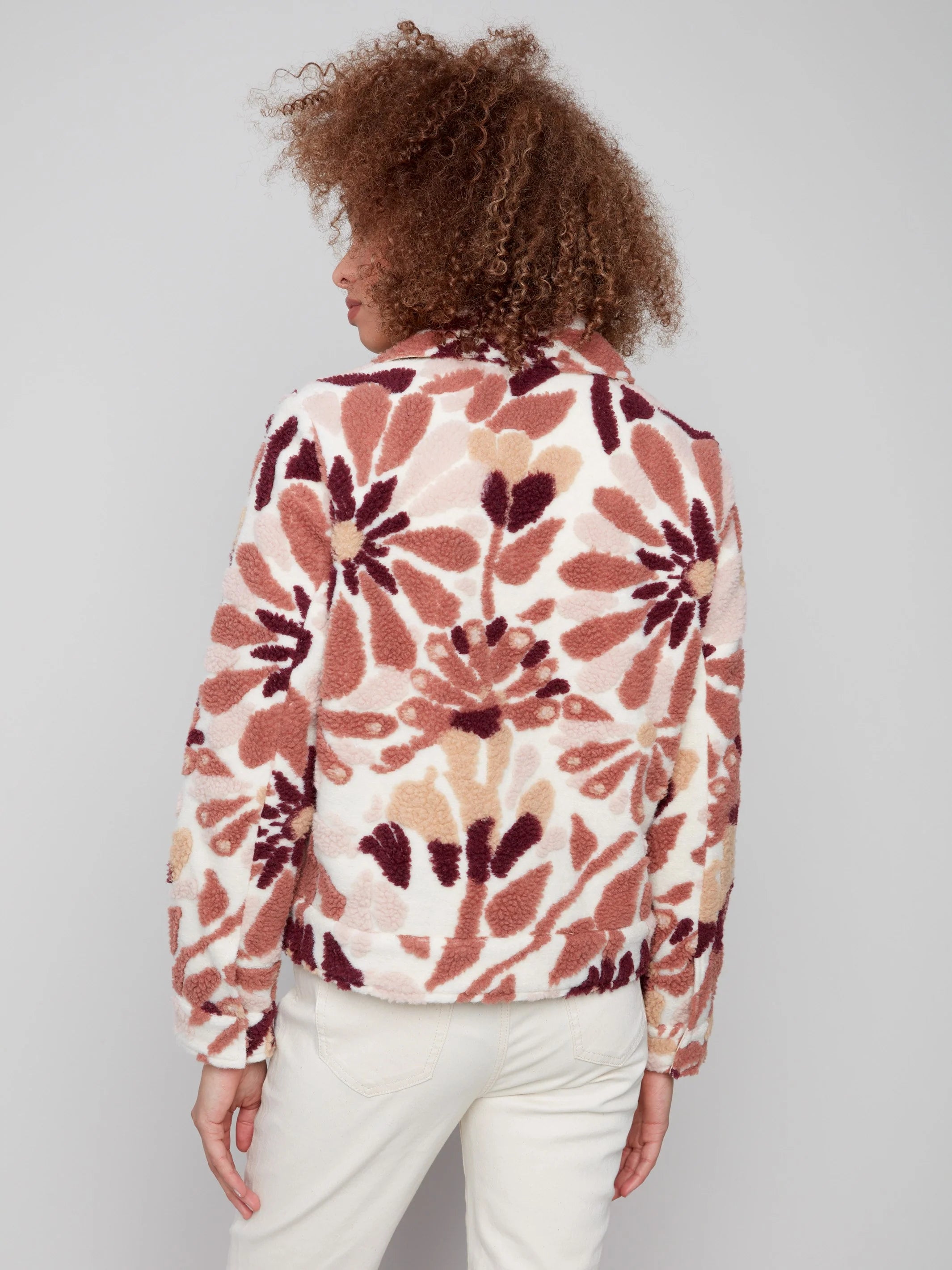Floral Sherpa Fleece Short Coat - Cabernet