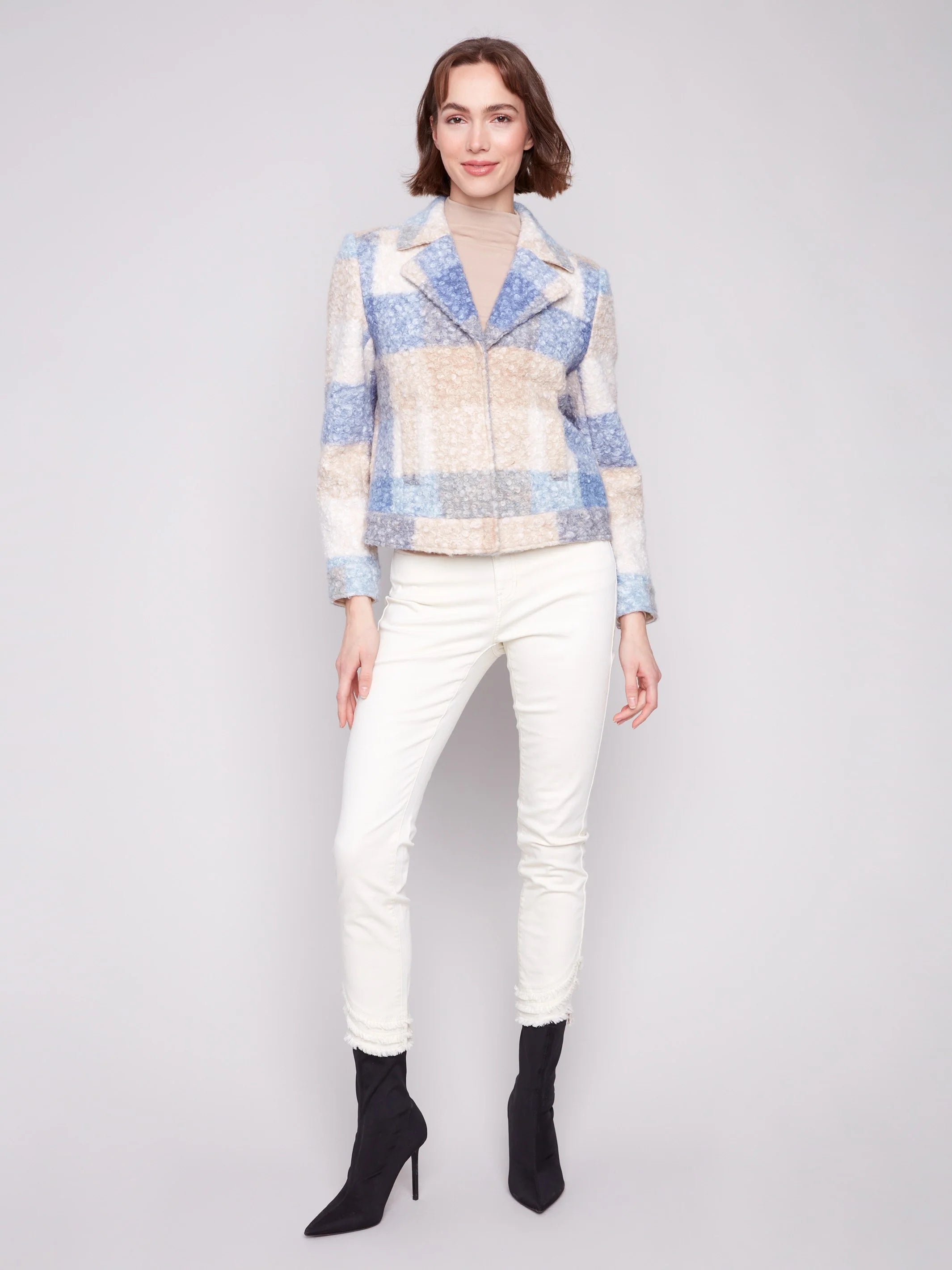 Plaid Bouclé Knit Short Coat - Oxford