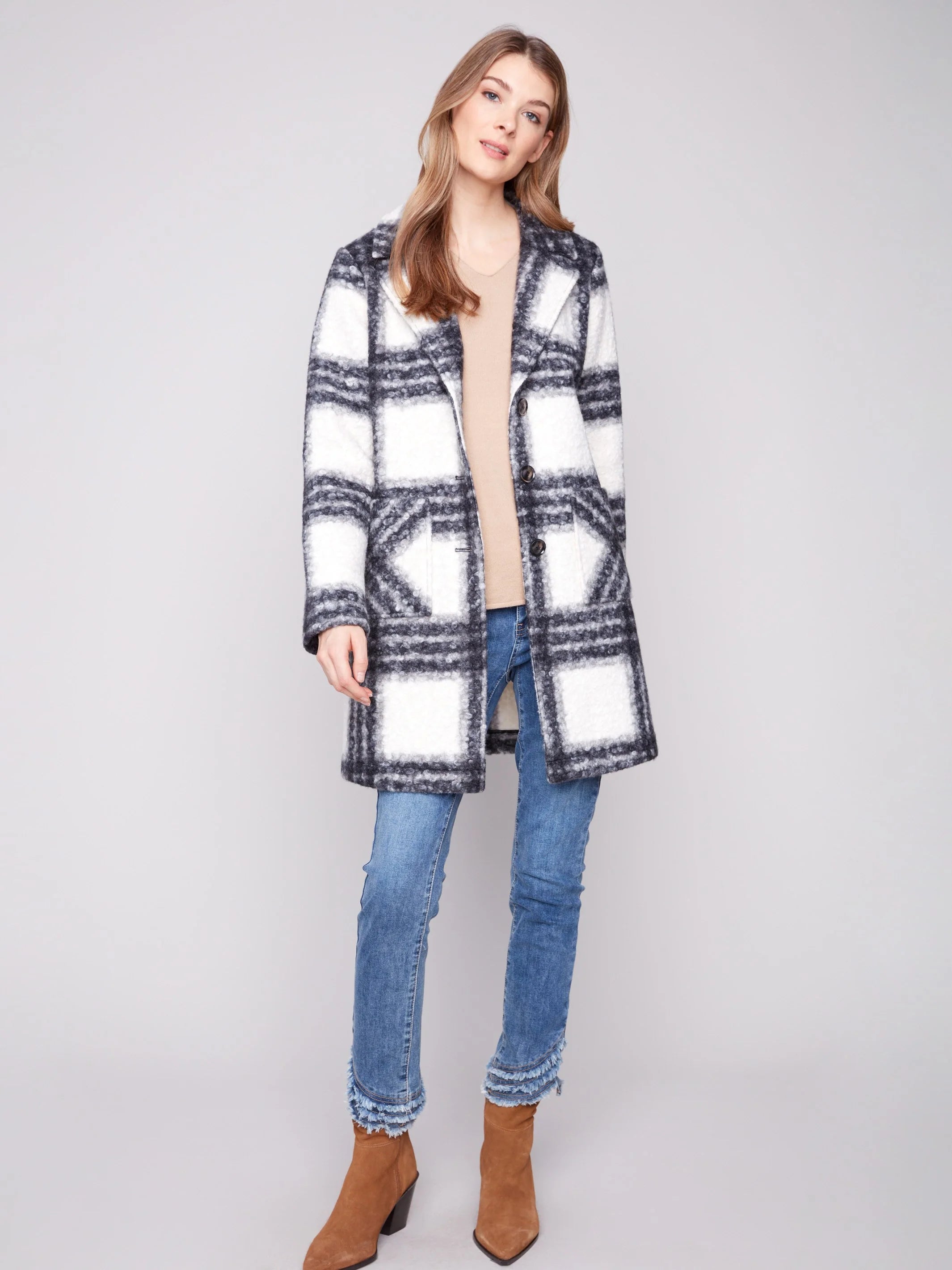 Plaid Bouclé Knit Coat - Black & White