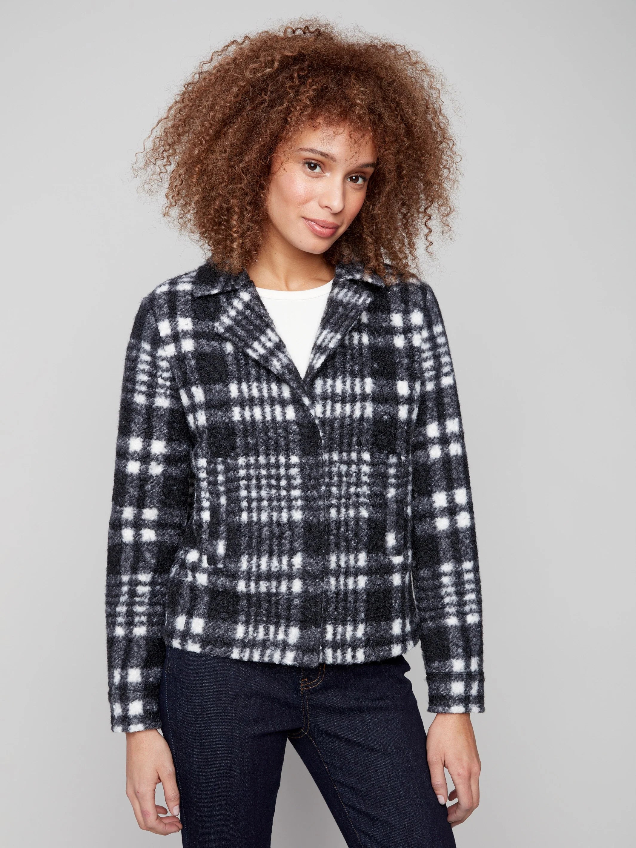 Plaid Bouclé Knit Short Coat - Pepper