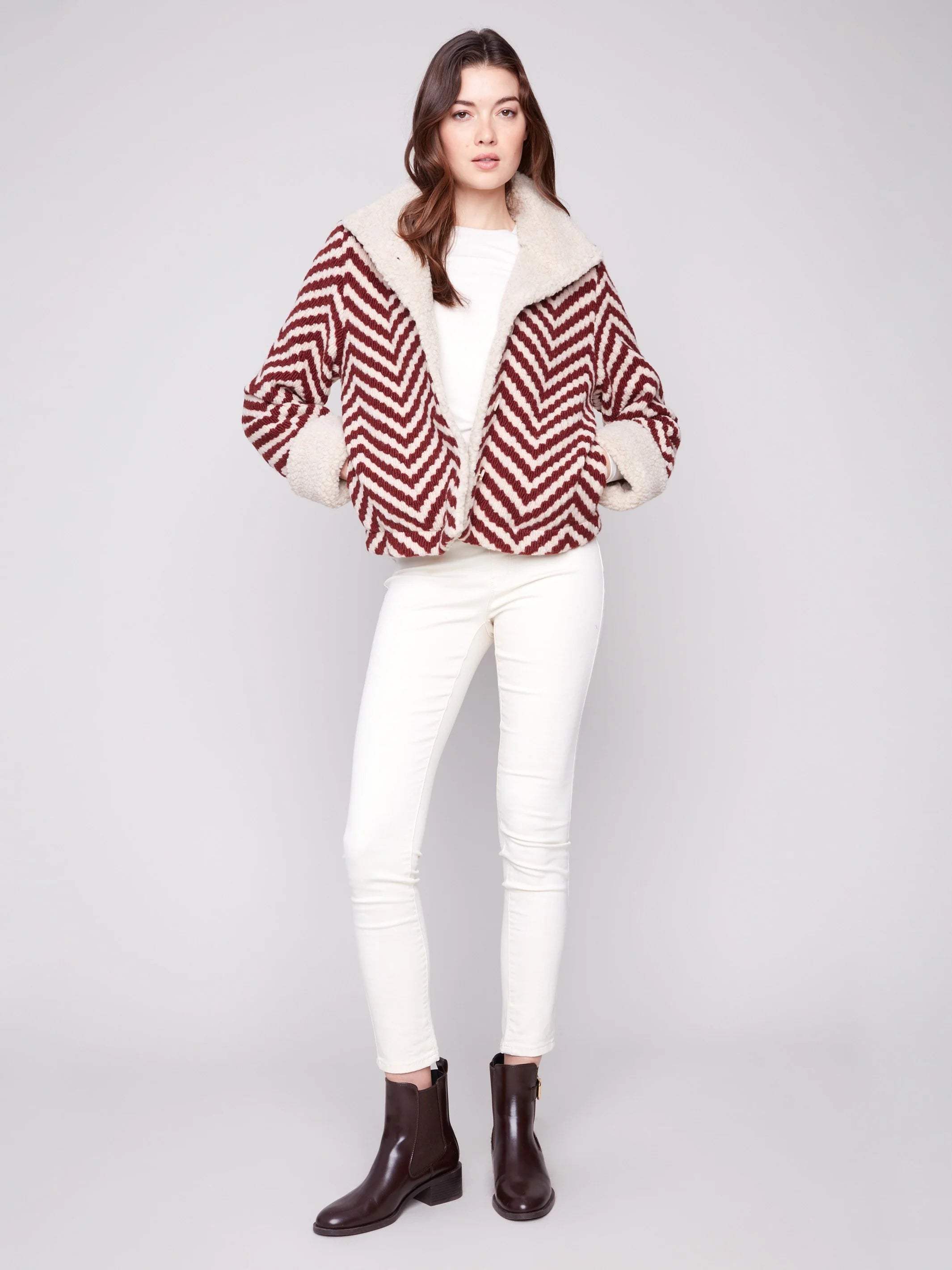 Chevron Bouclé Short Jacket With Sherpa Trim - Cabernet