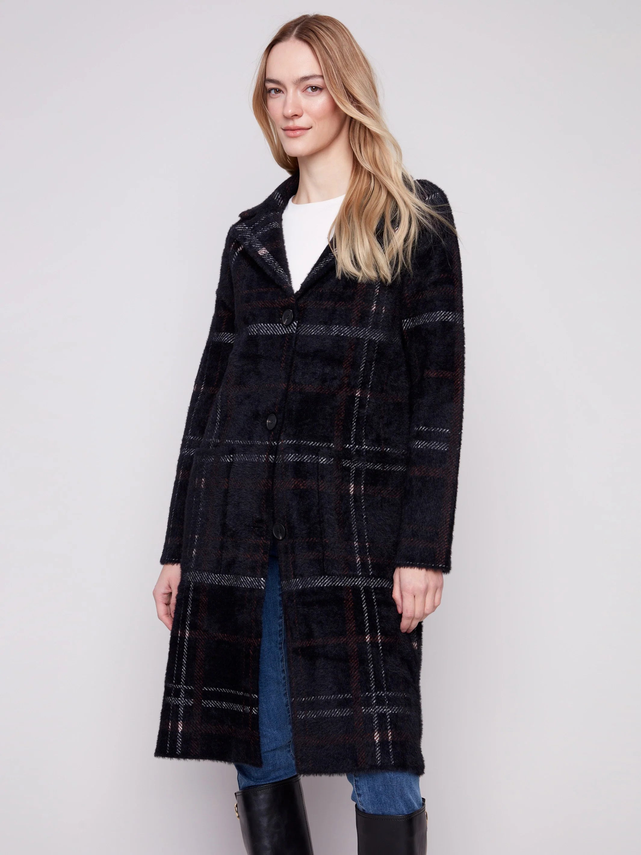 Long Plaid Knit Coatigan - Mocha