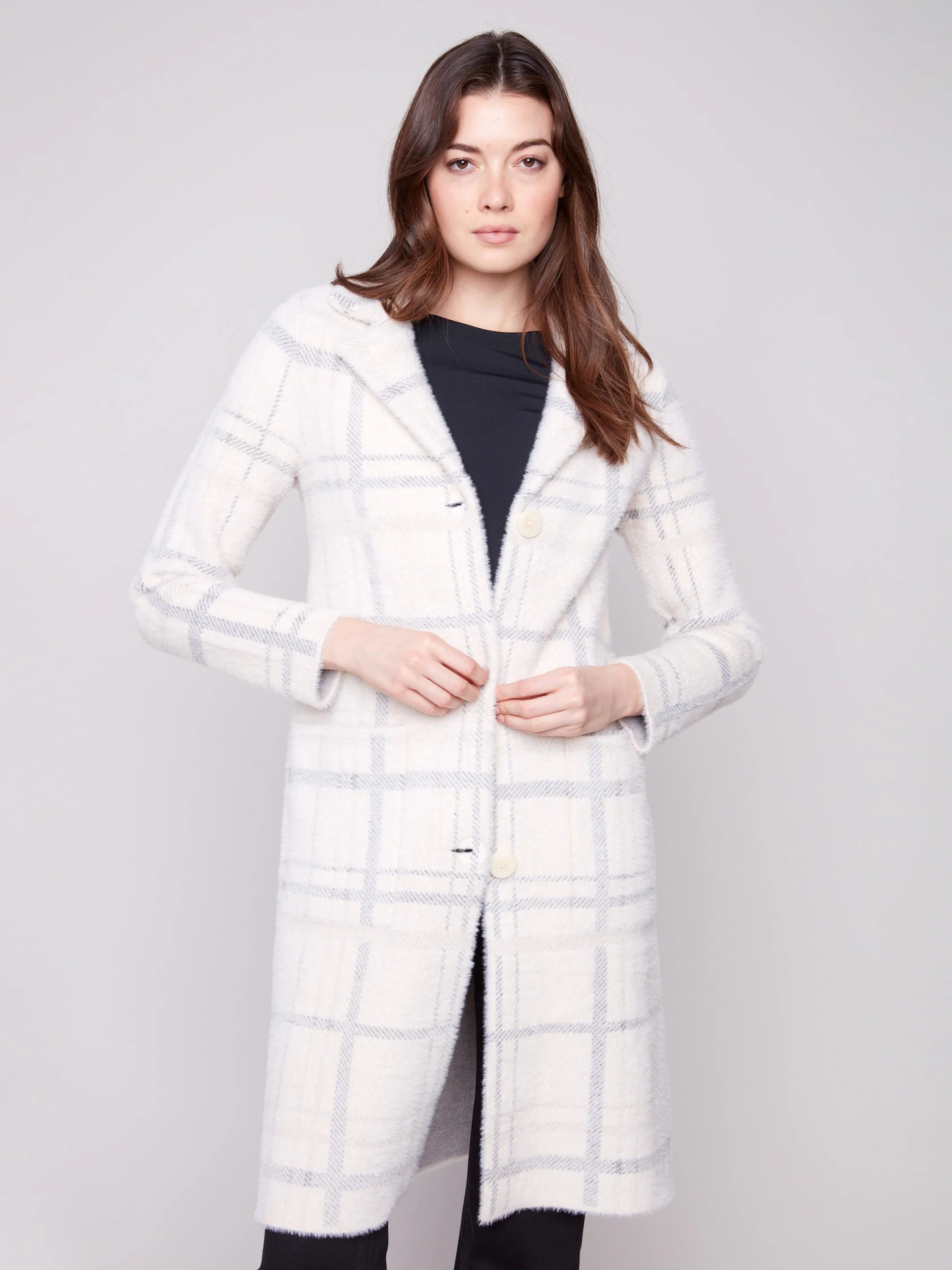 Long Plaid Knit Coatigan - Ivory