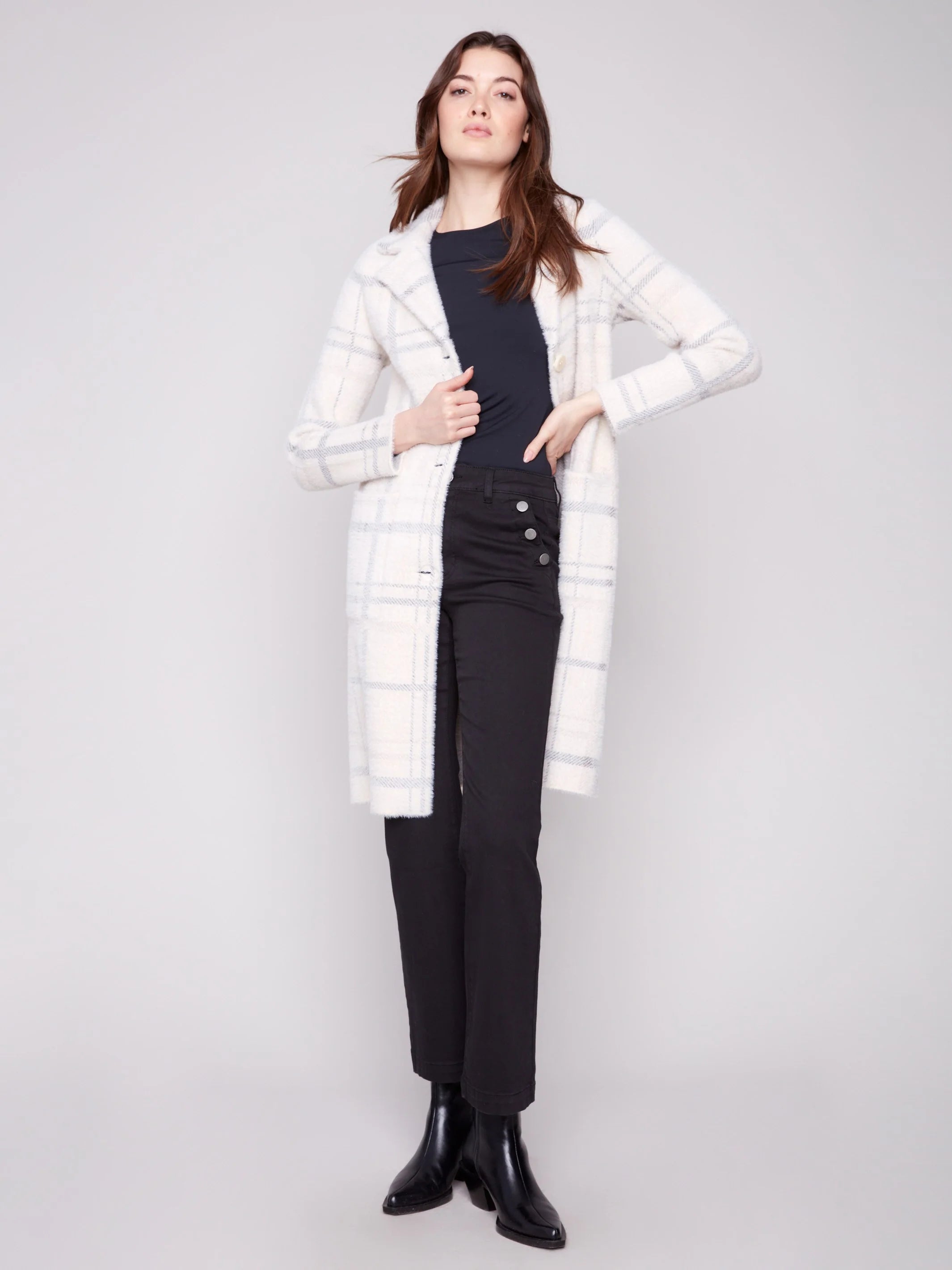 Long Plaid Knit Coatigan - Ivory