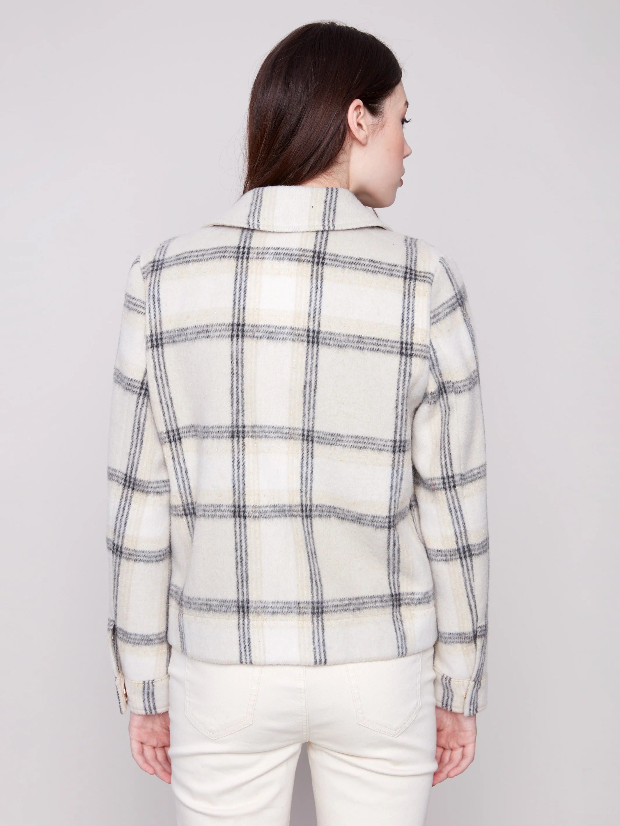 Plaid Lurex Knit Short Coat - Beige