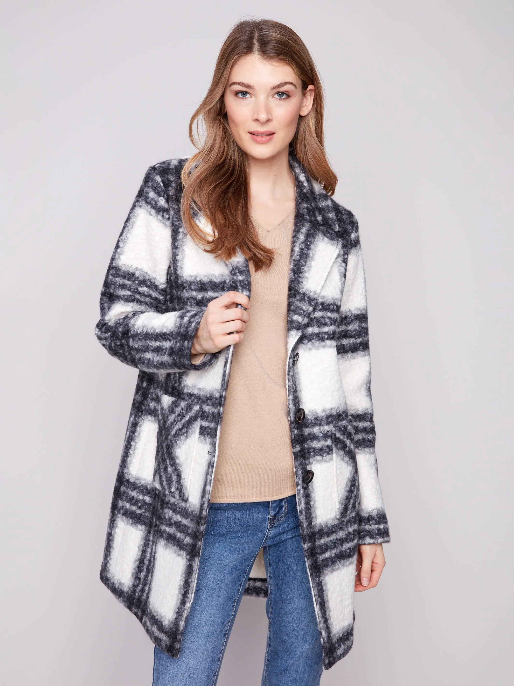 Plaid Bouclé Knit Coat - Black & White