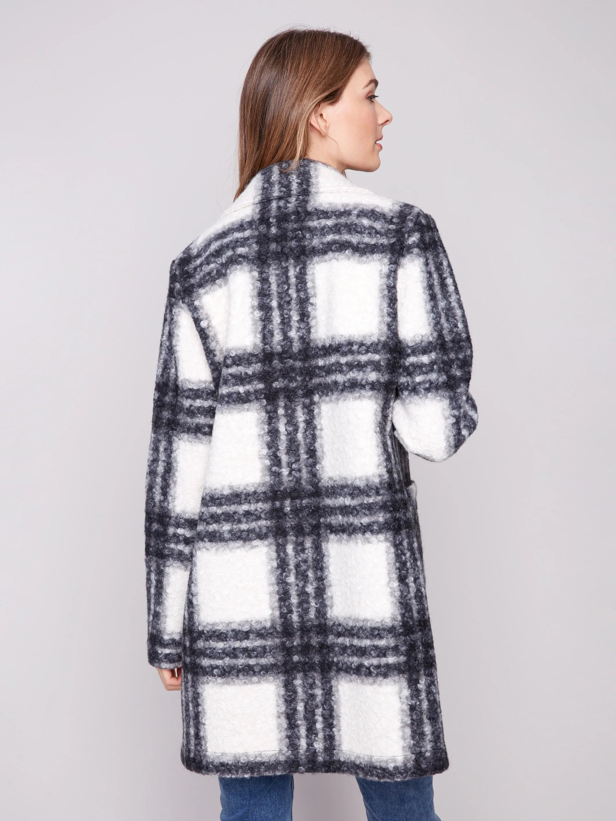 Plaid Bouclé Knit Coat - Black & White