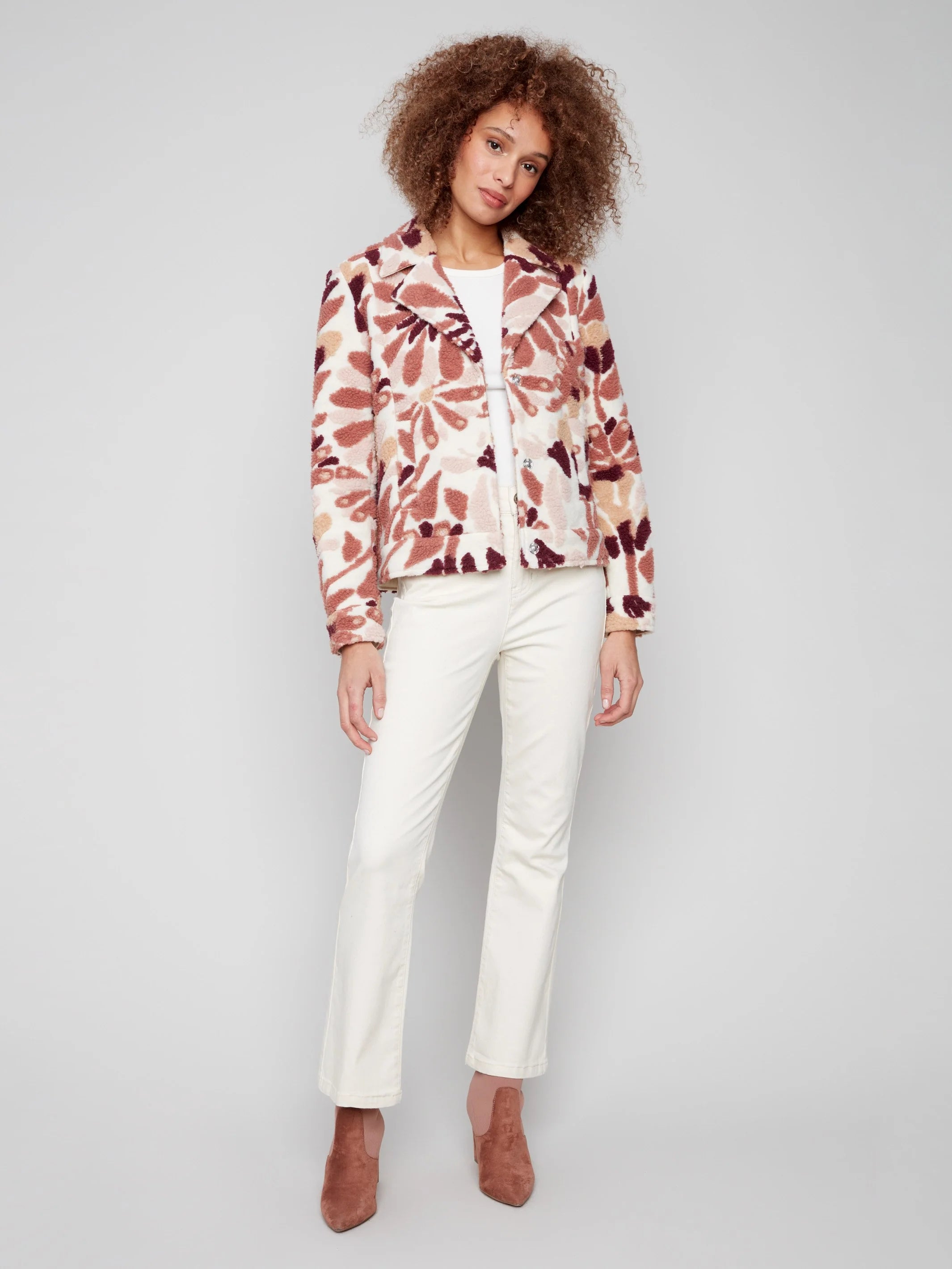 Floral Sherpa Fleece Short Coat - Cabernet