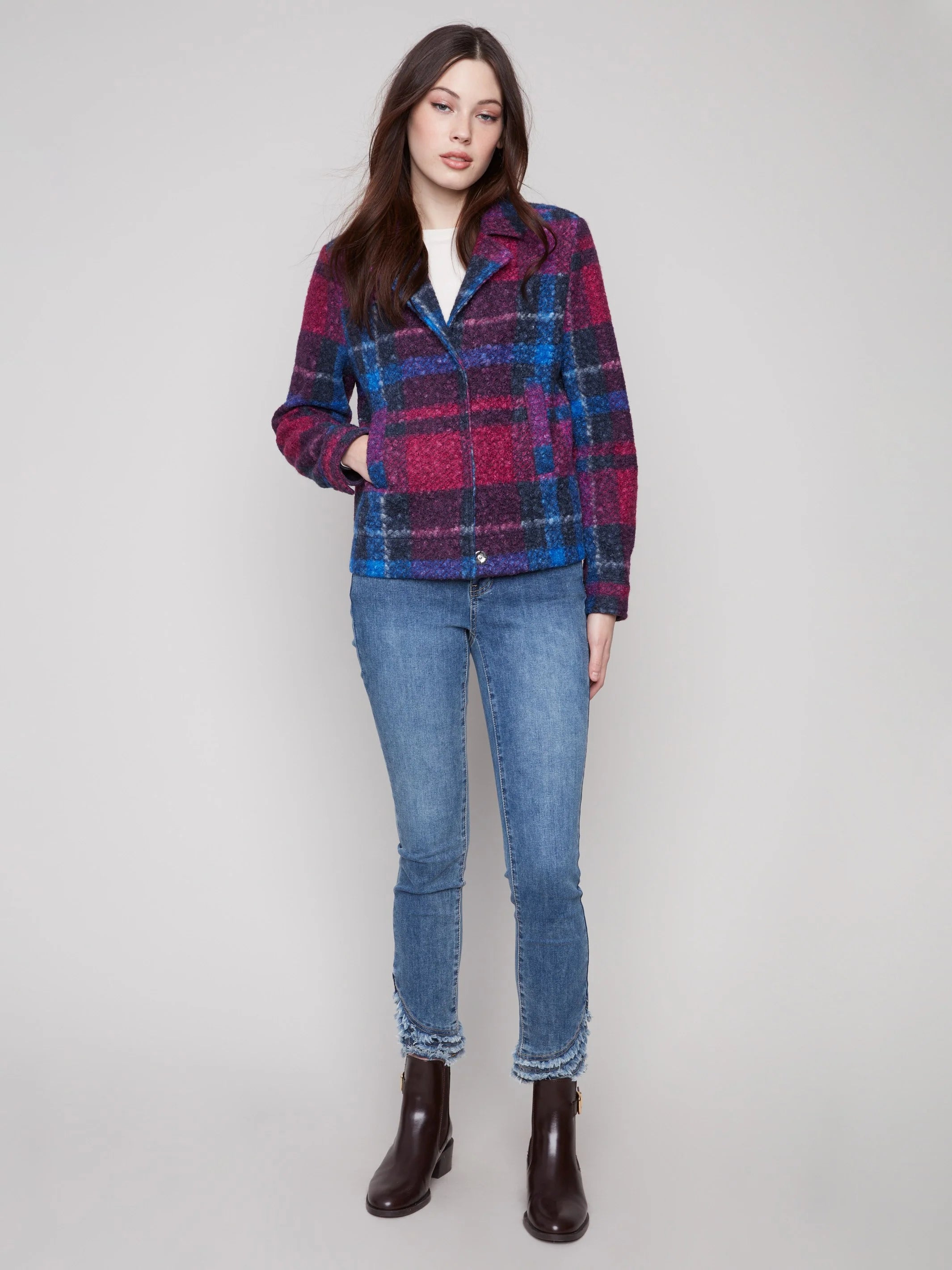 Plaid Bouclé Knit Short Coat - Navy
