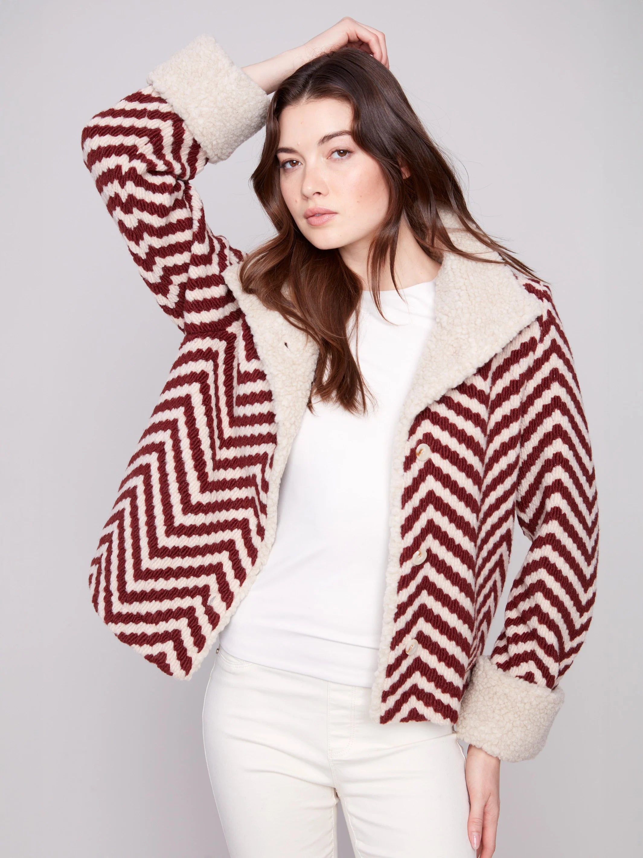 Chevron Bouclé Short Jacket With Sherpa Trim - Cabernet