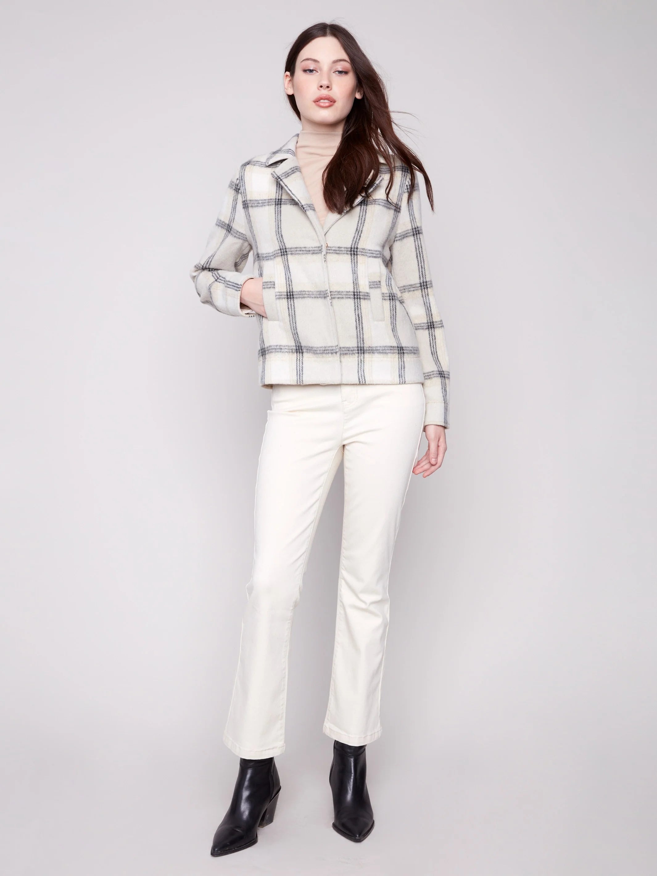 Plaid Lurex Knit Short Coat - Beige