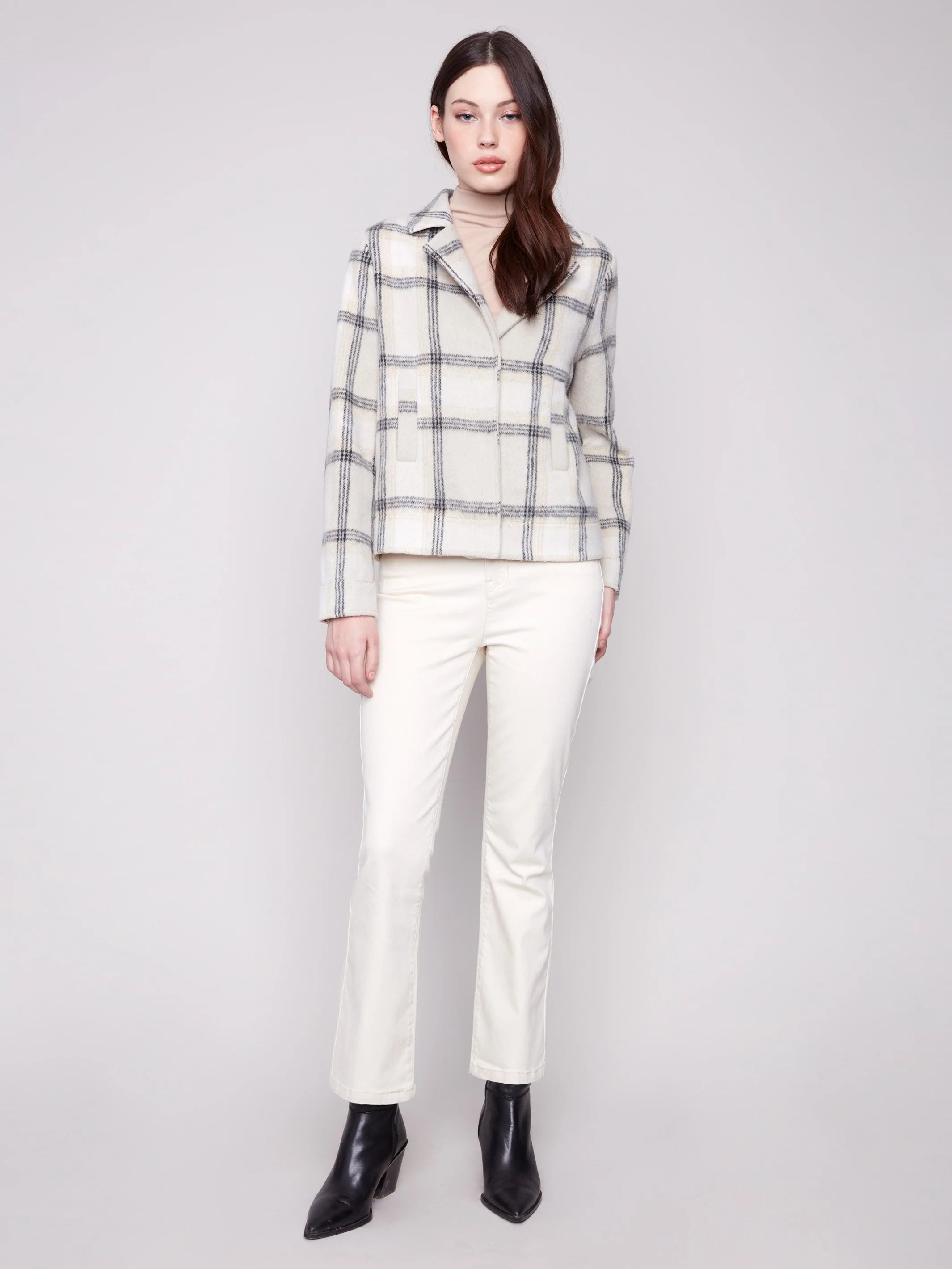 Plaid Lurex Knit Short Coat - Beige