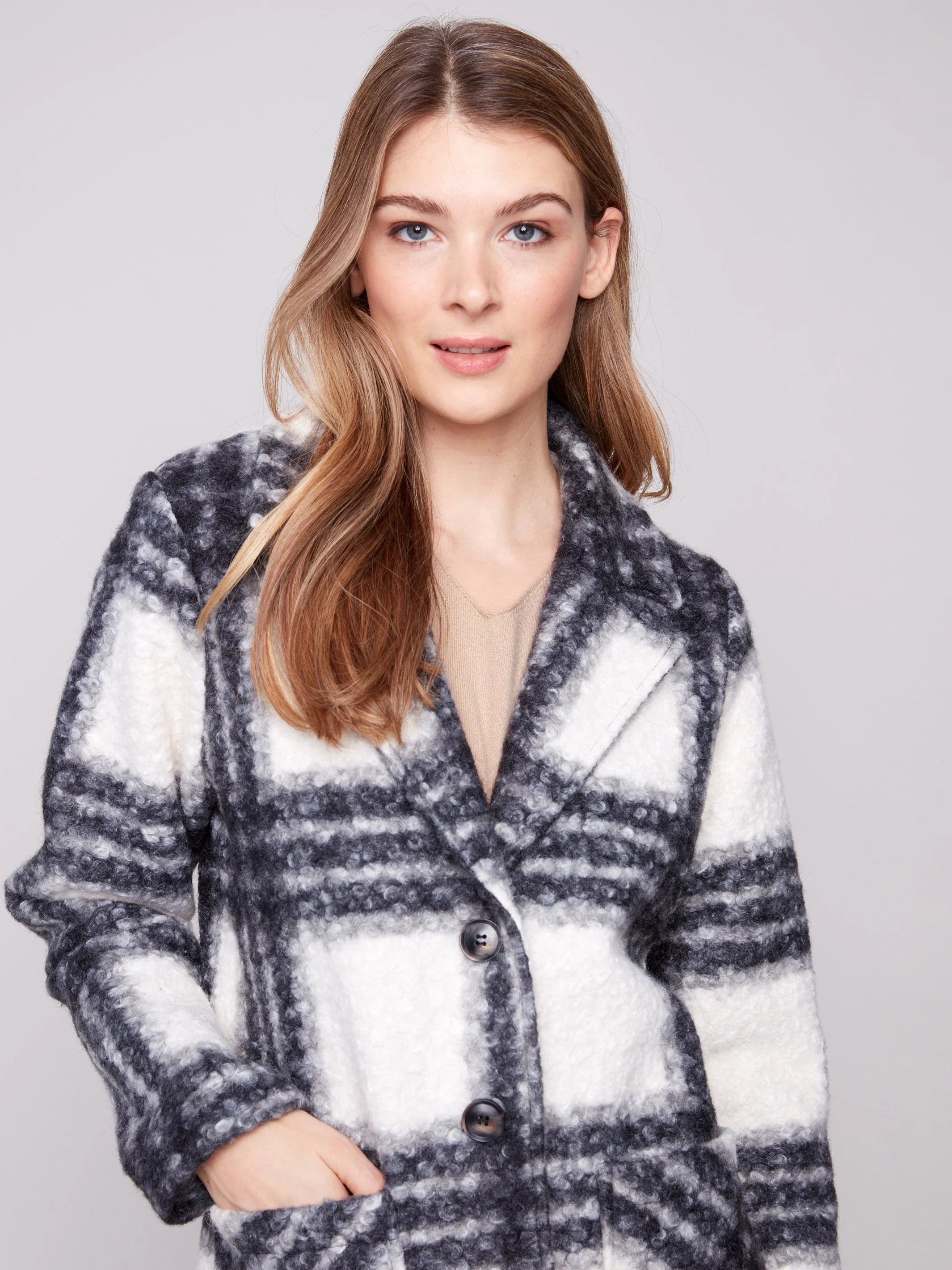 Plaid Bouclé Knit Coat - Black & White
