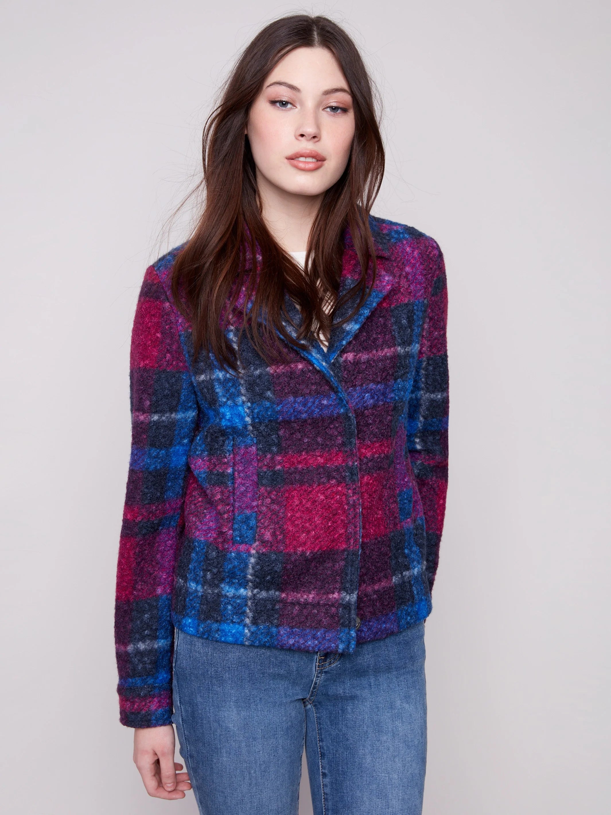 Plaid Bouclé Knit Short Coat - Navy