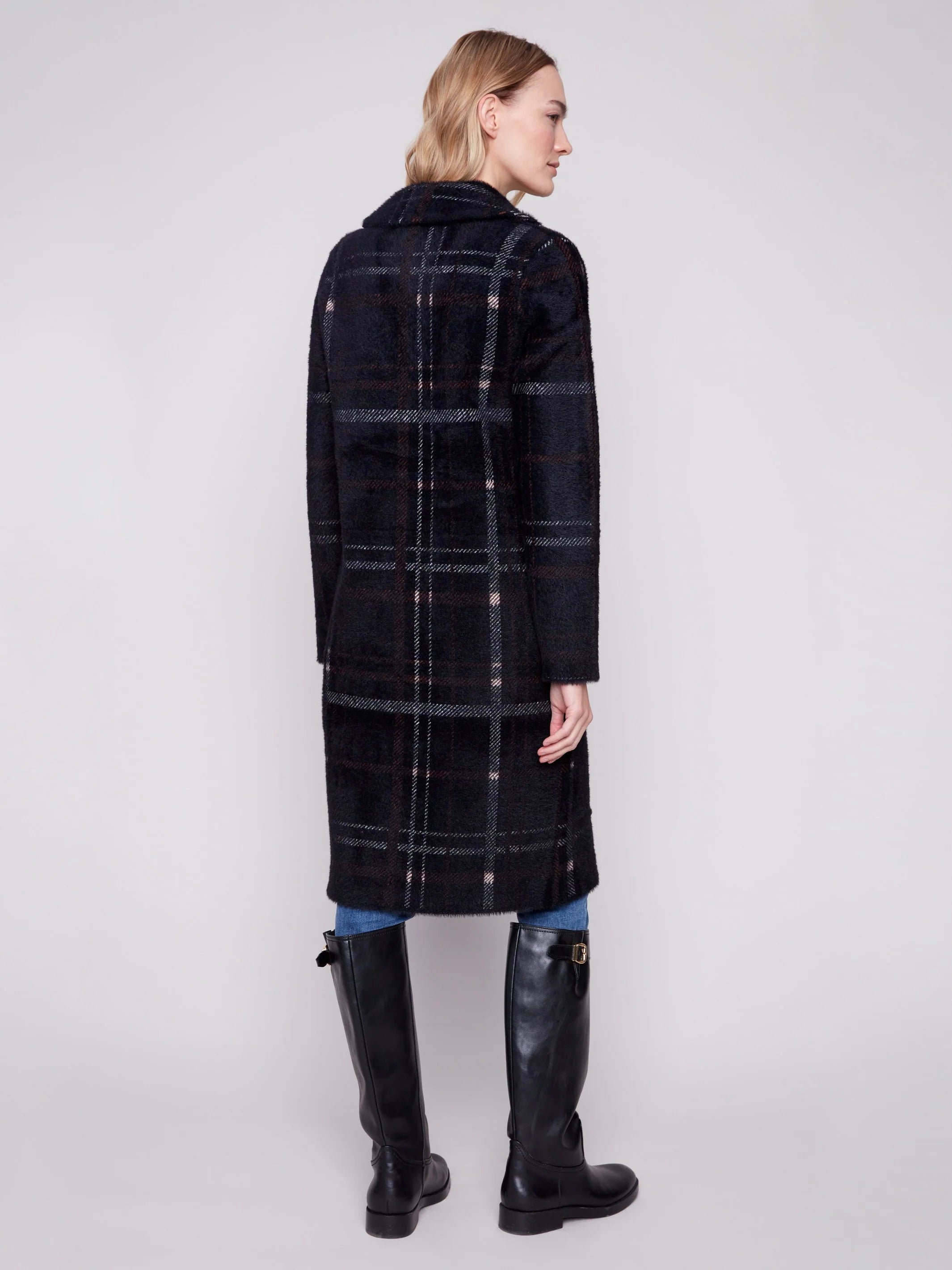 Long Plaid Knit Coatigan - Mocha