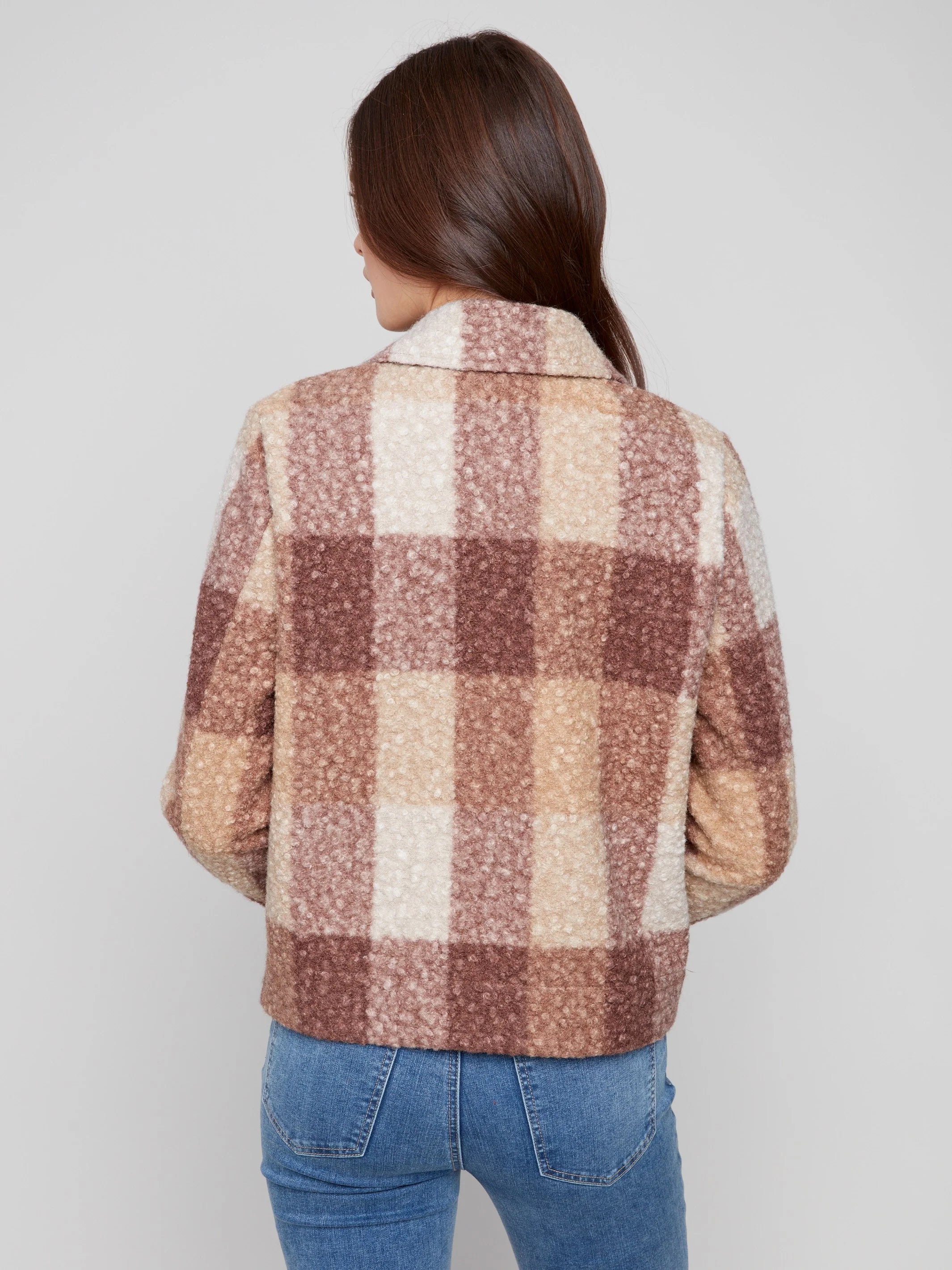 Plaid Bouclé Knit Short Coat - Mocha