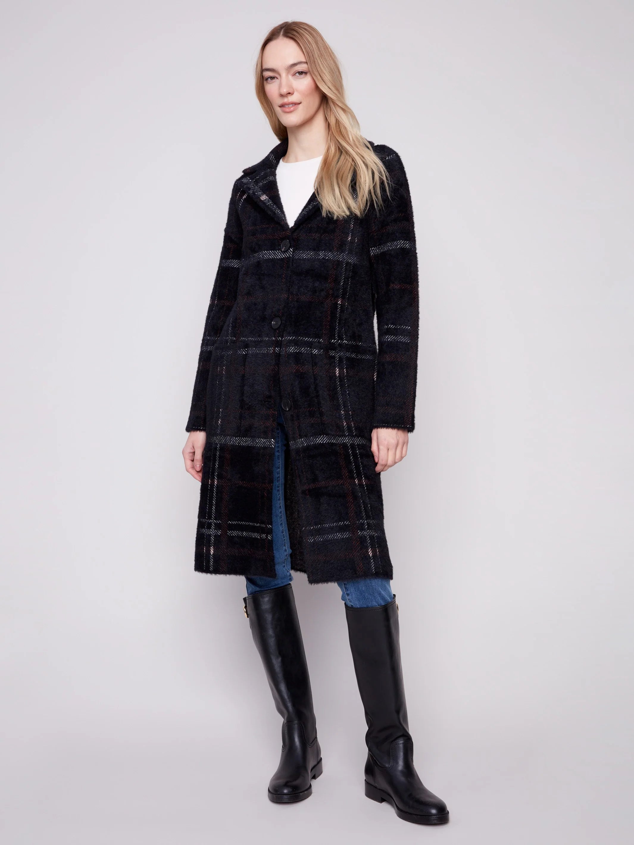 Long Plaid Knit Coatigan - Mocha