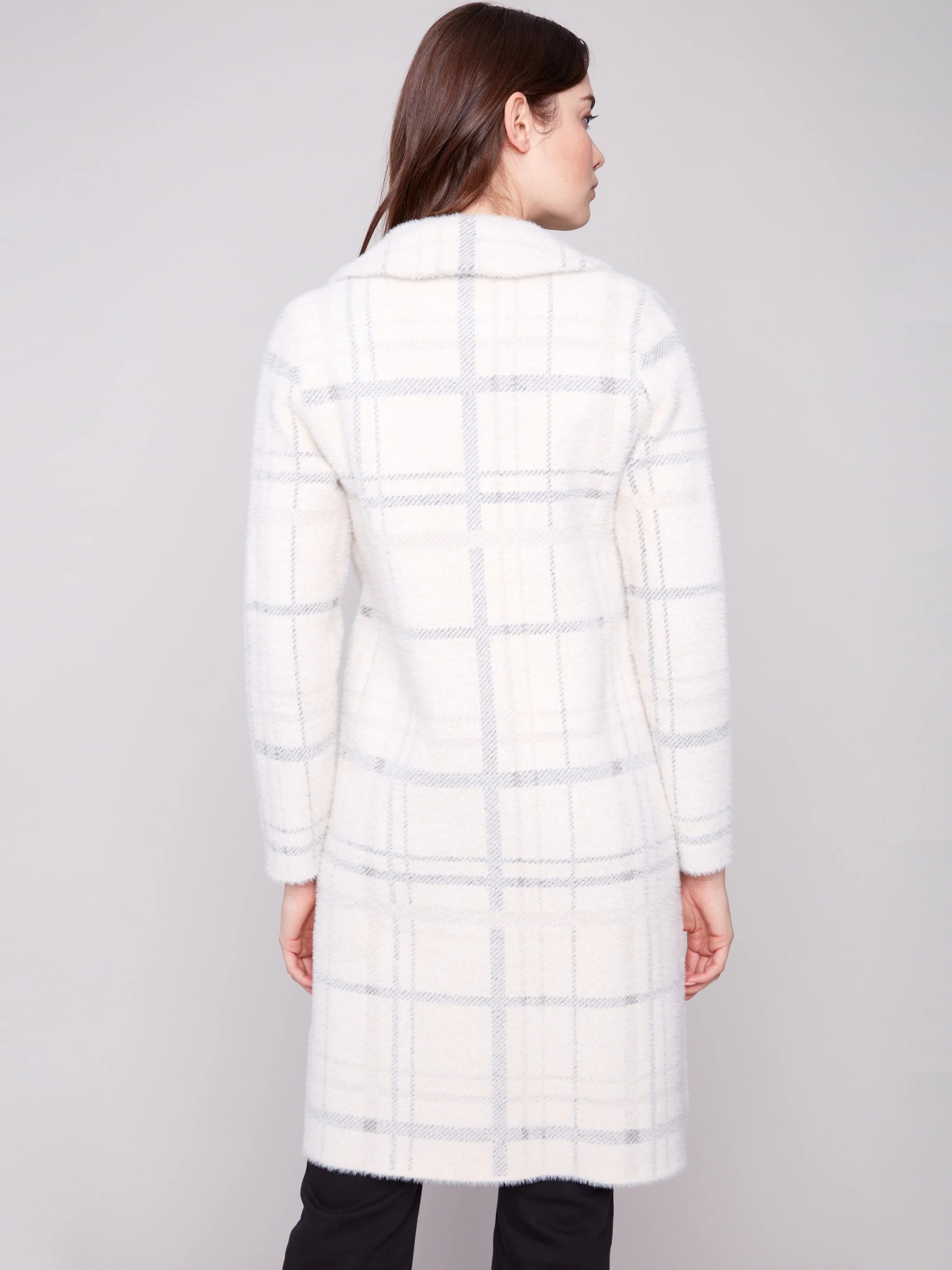 Long Plaid Knit Coatigan - Ivory